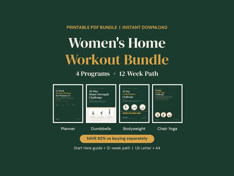 Women's Home Workout Bundle, Dumbbell, Calisthenics, Chair Yoga Challenges, Printable Fitness Planner PDF image 1