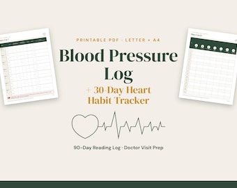 May include: A printable PDF blood pressure log and 30-day heart habit tracker with two document previews, featuring a heart rate line graphic and the text: Blood Pressure Log + 30-Day Heart Habit Tracker, 90-Day Reading Log, Doctor Visit Prep.