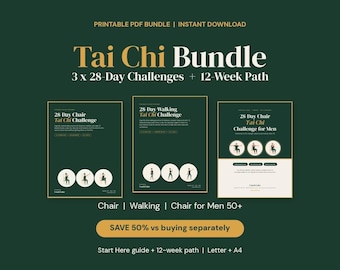 May include: A printable PDF bundle featuring three 28-day Tai Chi challenges and a 12-week path. The dark green documents include a 28-Day Chair Tai Chi Challenge, a 28-Day Walking Tai Chi Challenge, and a 28-Day Chair Tai Chi Challenge for Men.
