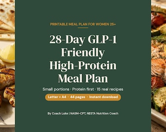 May include: A digital document titled 28-Day GLP-1 Friendly High-Protein Meal Plan. The dark green cover features white text, including Small portions, Protein first, 15 real recipes, Letter + A4, 44 pages, and Coach Luke.