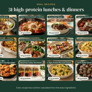 May include: A digital infographic titled Real Recipes 31 high-protein lunches & dinners featuring twelve food images with labels like Chicken Burrito Bowls, Korean Beef Bowls, and Garlic Butter Steak Bites, each showing protein content in grams.