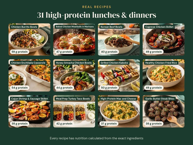 May include: A digital infographic titled Real Recipes 31 high-protein lunches & dinners featuring twelve food images with labels like Chicken Burrito Bowls, Korean Beef Bowls, and Garlic Butter Steak Bites, each showing protein content in grams.