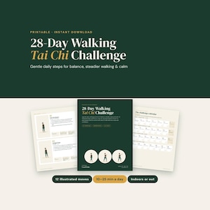 Puede incluir: Un documento digital titulado 28-Day Walking Tai Chi Challenge que presenta movimientos de ejercicio ilustrados, un calendario diario y texto instructivo. El dise&ntilde;o incluye fondos de color verde oscuro y crema.