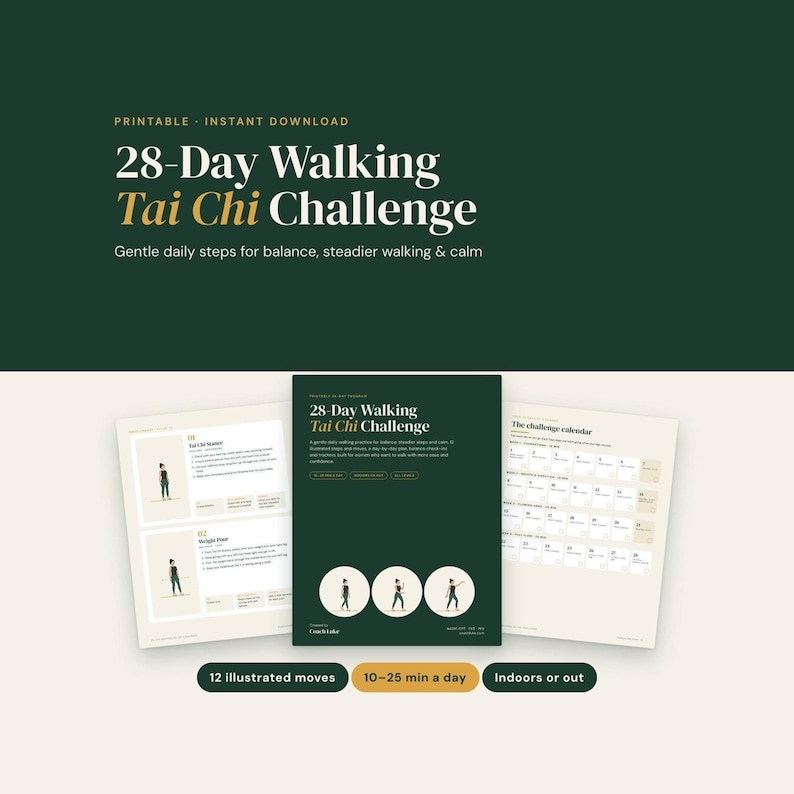 Puede incluir: Un documento digital titulado 28-Day Walking Tai Chi Challenge que presenta movimientos de ejercicio ilustrados, un calendario diario y texto instructivo. El dise&ntilde;o incluye fondos de color verde oscuro y crema.