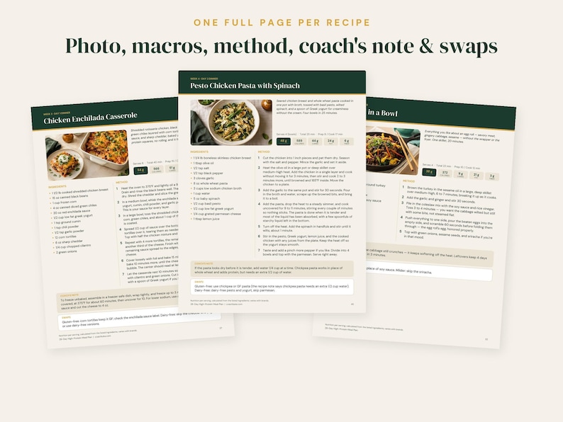 May include: Three recipe pages featuring the text One full page per recipe, Photo, macros, method, coach's note & swaps. Each page displays a food photograph, ingredient lists, step-by-step cooking instructions, and nutritional macro data.