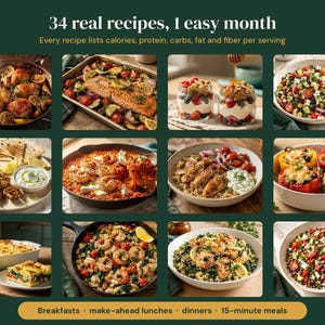 K&ouml;nnte beinhalten: Eine digitale Collage aus 12 Gerichten mit dem Text 34 real recipes, 1 easy month, Every recipe lists calories, protein, carbs, fat and fiber per serving, sowie Breakfasts, make-ahead lunches, dinners, 15-minute meals.