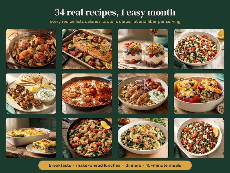 K&ouml;nnte beinhalten: Eine digitale Collage aus 12 Gerichten mit dem Text 34 real recipes, 1 easy month, Every recipe lists calories, protein, carbs, fat and fiber per serving, sowie Breakfasts, make-ahead lunches, dinners, 15-minute meals.