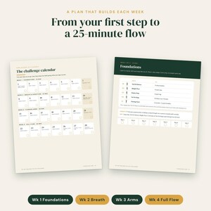 Puede incluir: Una gu&iacute;a de dos p&aacute;ginas titulada A Plan That Builds Each Week: From your first step to a 25-minute flow. Incluye un calendario de desaf&iacute;os de 28 d&iacute;as, una p&aacute;gina de Foundations con pasos de Tai Chi y cuatro etiquetas de semanas.