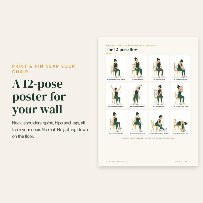 May include: A white poster titled The 12-pose flow featuring twelve illustrations of a person in dark green clothing performing seated yoga stretches on a wooden chair. The text includes Print & Pin Near Your Chair and A 12-pose poster for your wall.