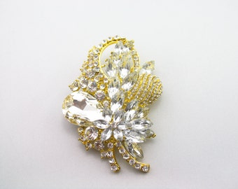 Gold Rhinestone Brooch/ Gold Crystal Brooch Component  / Gold Brooch Bouquet /RBR-63 Gold