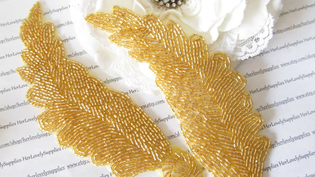 Gold Beaded Leaf Applique Pair / Bridal Applique / Gold Beaded Applique
