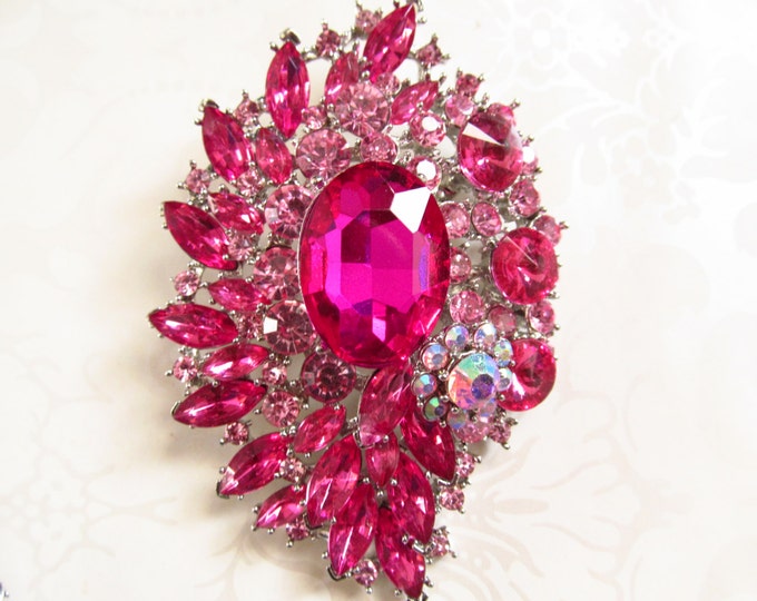 Hot Pink Rhinestone Brooch / Large Bridal Brooch / Crystal Etsy