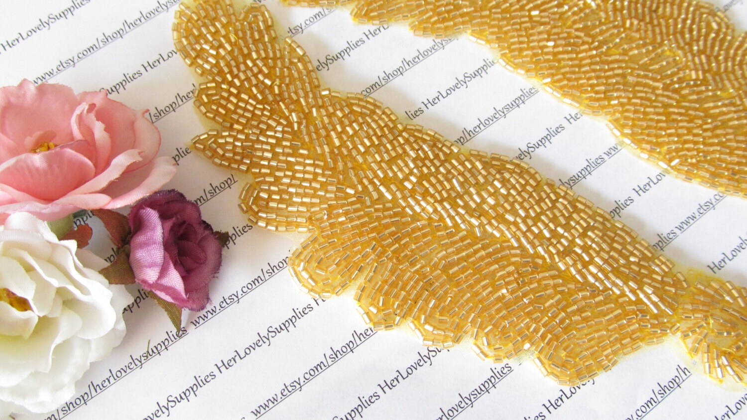 Gold Beaded Leaf Applique Pair / Bridal Applique / Gold Beaded Etsy