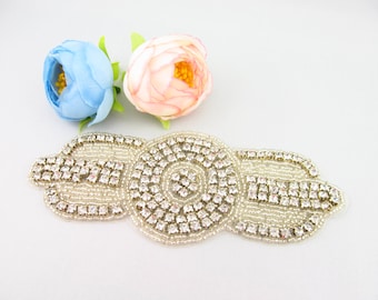 Art Deco Rhinestone Beaded Bridal Applique for DIY Bridal sash / (RA-15) Iron on