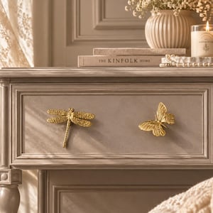 May include: A light gray wooden drawer front featuring two metallic gold-toned cabinet knobs. One knob is shaped like a dragonfly with textured wings, and the other knob is shaped like a butterfly with detailed wing patterns and a central body.
