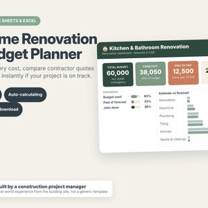 May include: A digital Home Renovation Budget Planner for Google Sheets and Excel. The interface displays a Kitchen and Bathroom Renovation dashboard with budget totals, progress bars, and an estimate versus forecast bar chart for various tasks.