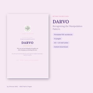Può includere: Un quaderno di esercizi in PDF stampabile color viola chiaro intitolato DARVO: Recognizing the Manipulation Pattern. La copertina presenta il testo Why you end up feeling like the guilty one after bringing up something that hurt, 14 pagine, A5 + US Half Letter.