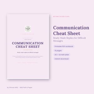 Könnte beinhalten: Ein hellviolettes Communication Cheat Sheet als druckbares PDF-Arbeitsbuch mit 10 Seiten in den Formaten A5 und US Half Letter. Das Cover enthält den Text Communication Cheat Sheet, Ready-Made Replies for Difficult Messages und Wild Path & Paper.