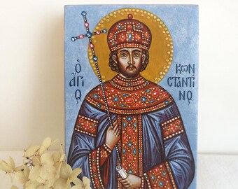 Orthodoxe Ikone des Heiligen Konstantin des Großen, Apostelgleicher, handgemalte ukrainische Ikone, christliche Ikone, Taufgeschenk, byzantinisch