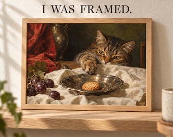 Funny Cat Wall Art, Baroque Pet Portrait Print, Vintage Oil Painting Parody, Framed Mini Poster, Cat Lover Gift, Quirky Home Decor, Dog Art