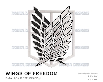 May include: An embroidery machine file design featuring the Wings of Freedom emblem from Attack on Titan. The graphic displays two overlapping wings in black and light gray, set against a shield outline. Text includes WINGS OF FREEDOM.