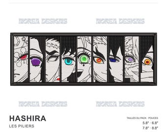 May include: A machine embroidery design file titled HASHIRA featuring nine vertical panels, each displaying a close-up of a character eye with distinct colors including purple, blue, green, orange, and red, set against a white background.
