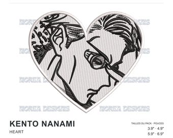 May include: An embroidery design file featuring a heart-shaped outline containing a black and white line art illustration of Kento Nanami from Jujutsu Kaisen. The design includes text labels Morea Designs, Jujutsu Kaisen, Kento Nanami, and Heart.