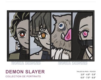 May include: A machine embroidery design featuring four vertical panels with portraits of anime characters from Demon Slayer. The characters include Tanjiro, Zenitsu, Inosuke with a boar mask, and Nezuko. Text includes "MOREA DESIGNS" and "DEMON SLAYER COLLECTION DE PORTRAITS" with sizes listed in inches.