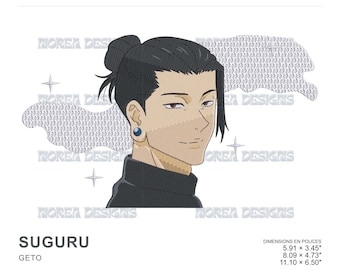 May include: Machine embroidery design of Suguru Geto from Jujutsu Kaisen featuring black hair in a bun, a dark high-neck shirt, and a blue earring. Text includes Norea Designs, Jujutsu Kaisen, Suguru Geto, and dimensions 5.91 x 3.45 inches.