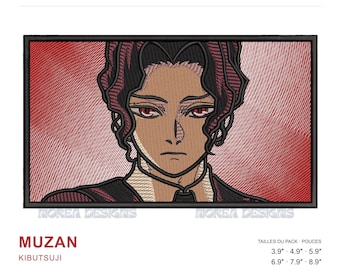 May include: A machine embroidery design featuring a character with dark wavy hair and red eyes against a red background. The text reads MUZAN KIBUTSUJI and DEMON SLAYER. Available sizes include 3.9, 4.9, 5.9, 6.9, 7.9, and 8.9 inches.