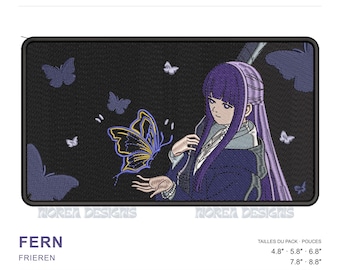 May include: A rectangular machine embroidery design featuring a purple-haired character with a staff, surrounded by several butterflies on a black background. The text 'MOREA DESIGNS', 'FRIEREN', and 'FERN' are visible, along with sizes 4.8, 5.8, 6.8, 7.8, and 8.8 inches.