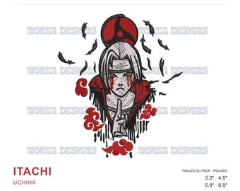 May include: Machine embroidery design of the character Itachi Uchiha from Naruto, featuring a red and black color palette, a circular Sharingan symbol, and red cloud motifs. The text reads Morea Designs, Naruto, Itachi, Uchiha, and includes sizes 3.3, 4.9, 5.9, and 6.9 inches.