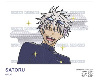 May include: Machine embroidery design of Satoru Gojo from Jujutsu Kaisen featuring white hair, dark blue sunglasses, and a dark blue high-collar uniform. The design includes yellow star accents and measures 4.90 x 3.64, 6.72 x 4.99, and 9.21 x 6.83 inches.