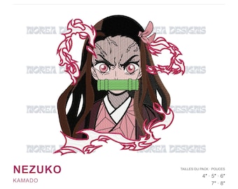May include: A machine embroidery design featuring the character Nezuko Kamado with long dark hair, pink eyes, and a green bamboo muzzle. The character is surrounded by stylized pink flame-like outlines. Text includes NEZUKO KAMADO.