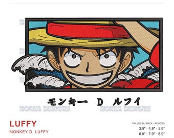 May include: An embroidery design file featuring Monkey D. Luffy from One Piece, wearing a yellow straw hat with a red band. The character has black hair, a wide grin, and is set against a blue background with white wave patterns.