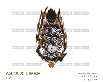 May include: Machine embroidery design featuring the anime character Asta and the devil Liebe from Black Clover. The design includes a central character portrait surrounded by a dark aura, with a four-leaf clover icon below. Text includes Asta & Liebe, Noren Designs, and sizes 4.9, 5.9, 6.9, 7.9, 8.9, and 9.9 inches.