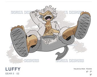 May include: An embroidery machine design file featuring a cartoon character with curly hair, laughing with eyes closed, wearing a light-colored outfit. Text includes MOREA DESIGNS, ONE PIECE, LUFFY, GEAR 5, and sizes 4, 7, and 9 inches.