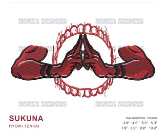 May include: Machine embroidery design featuring red hands forming a hand sign inside a red circular frame. Text includes MOREA DESIGNS, JUJUTSU KAISEN, SUKUNA, RYOIKI TENKAI, and sizes ranging from 3.9 inches to 10.9 inches with file formats.