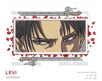 May include: Machine embroidery design featuring a rectangular frame with the eyes and hair of Levi Ackerman from Attack on Titan, surrounded by red splatter patterns and two silver blades with brown handles above and below the frame.