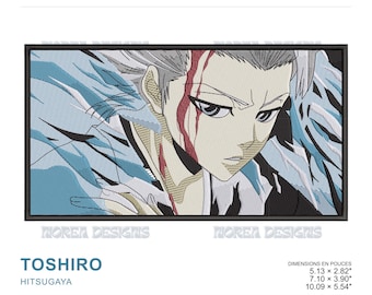 May include: Machine embroidery design of Toshiro Hitsugaya from Bleach, featuring a character with spiky white hair, a red mark on the face, and blue ice energy effects. Dimensions listed are 5.13 x 2.82 inches, 7.10 x 3.90 inches, and 10.09 x 5.54 inches.