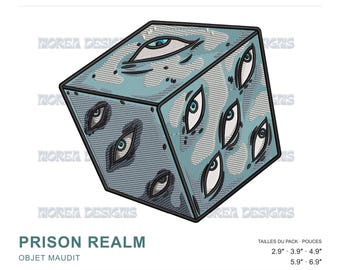 May include: A machine embroidery design of a cube-shaped Prison Realm from Jujutsu Kaisen, featuring multiple eyes with blue irises on a light blue and grey textured surface. The text reads Norea Designs, Jujutsu Kaisen, and Prison Realm.