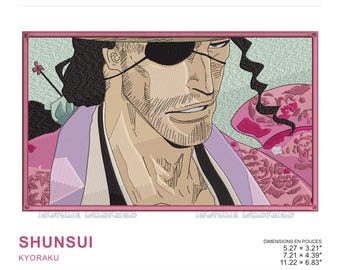 May include: Machine embroidery design of Shunsui Kyoraku from Bleach, featuring a character with a black eyepatch, dark hair, and a pink patterned kimono. The design includes text reading 'MOREA DESIGNS', 'BLEACH', and 'SHUNSUI KYORAKU' with dimensions of 5.27 x 3.21 inches.