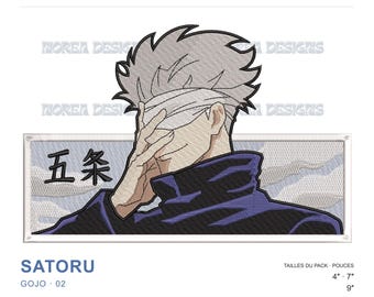 May include: A machine embroidery design featuring an anime character with spiky gray hair and a white blindfold covering their eyes. The character wears a dark blue high-collar jacket. Black Japanese kanji characters are visible on the left.