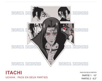May include: A machine embroidery design file featuring Itachi Uchiha from Naruto. The graphic displays a central character with red eyes and a dark cloak, surrounded by smaller monochrome panels of the same character. Text includes ITACHI.