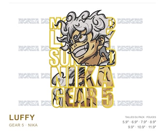 May include: An embroidery design file featuring a stylized character with curly hair and a wide grin, overlaid with bold yellow text reading SUN GOD NIKA GEAR 5. The design includes the text LUFFY GEAR 5 NIKA and pack sizes in inches.