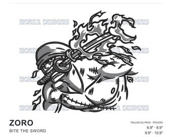 May include: A machine embroidery design featuring a character holding a sword in their mouth with flames surrounding the blade. The text reads MOREA DESIGNS, ZORO, BITE THE SWORD, and lists sizes 6.9 inches, 8.9 inches, 9.9 inches, and 10.9 inches.