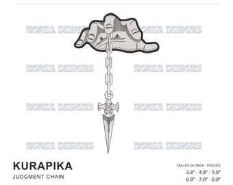 May include: A machine embroidery design featuring a hand holding a chain with a pointed blade pendant. The text reads "MOREA DESIGNS", "HUNTER x HUNTER", "KURAPIKA", "JUDGMENT CHAIN", and lists sizes in inches from 3.8 to 8.8 and file formats.
