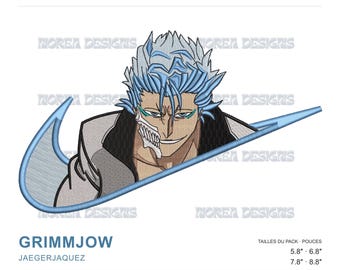 May include: Machine embroidery design featuring the anime character Grimmjow Jaegerjaquez with spiky light blue hair and a white jaw mask, framed by a large blue swoosh outline. Text includes "MOREA DESIGNS," "BLEACH," and "GRIMMJOW JAEGERJAQUEZ."