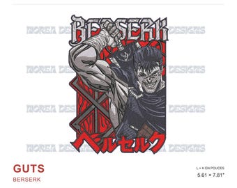 May include: An embroidered patch design featuring the character Guts from Berserk, holding a large sword. The design includes the text BERSERK in a metallic font, red background accents, and Japanese text at the bottom. Dimensions are 5.61 x 7.81 inches.