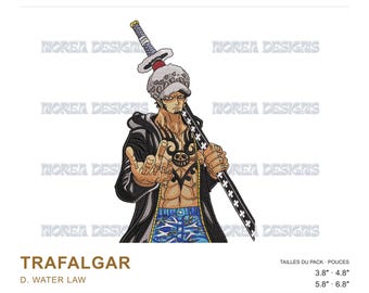 May include: Machine embroidery design of Trafalgar D. Water Law from One Piece. The character wears a spotted hat, a black open hoodie, and blue patterned pants, holding a long sword over the shoulder. Text includes MOREA DESIGNS, ONE PIECE, TRAFALGAR D. WATER LAW, and sizes 3.8, 4.8, 5.8, 6.8 inches.